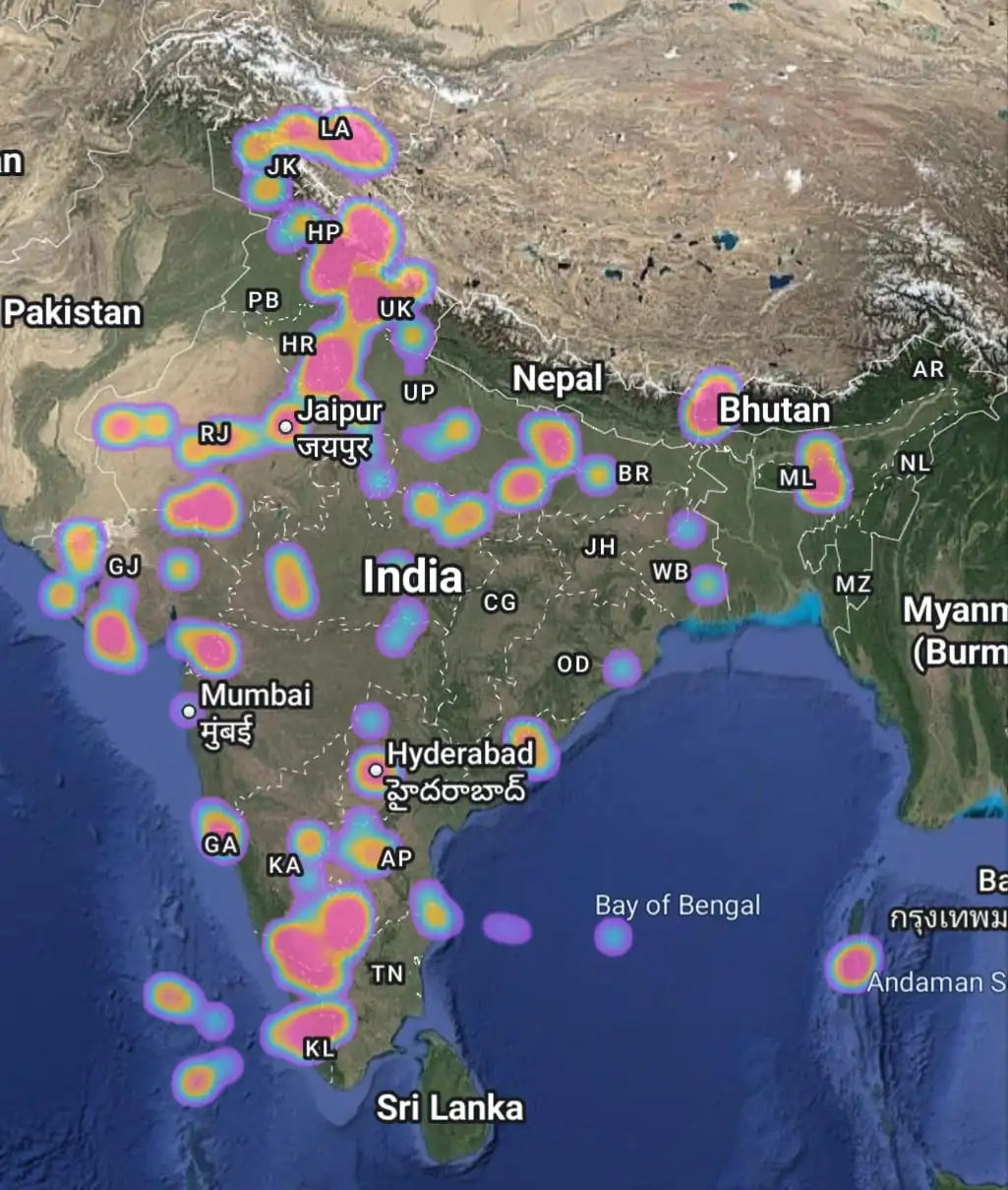 All time Google heatmap of travelled places